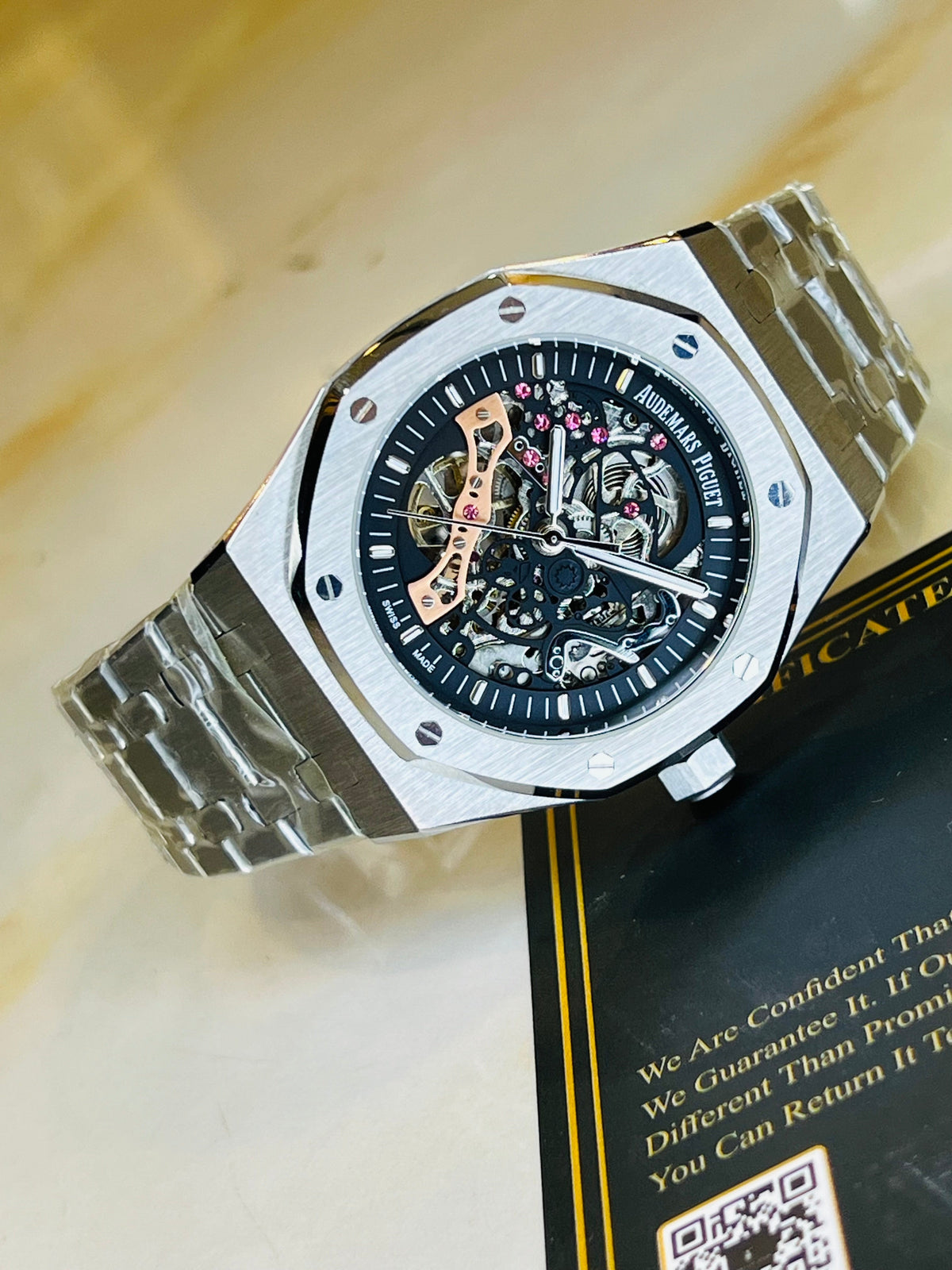AP Silver Black Automatic Skeleton Dial Super Clone Watch