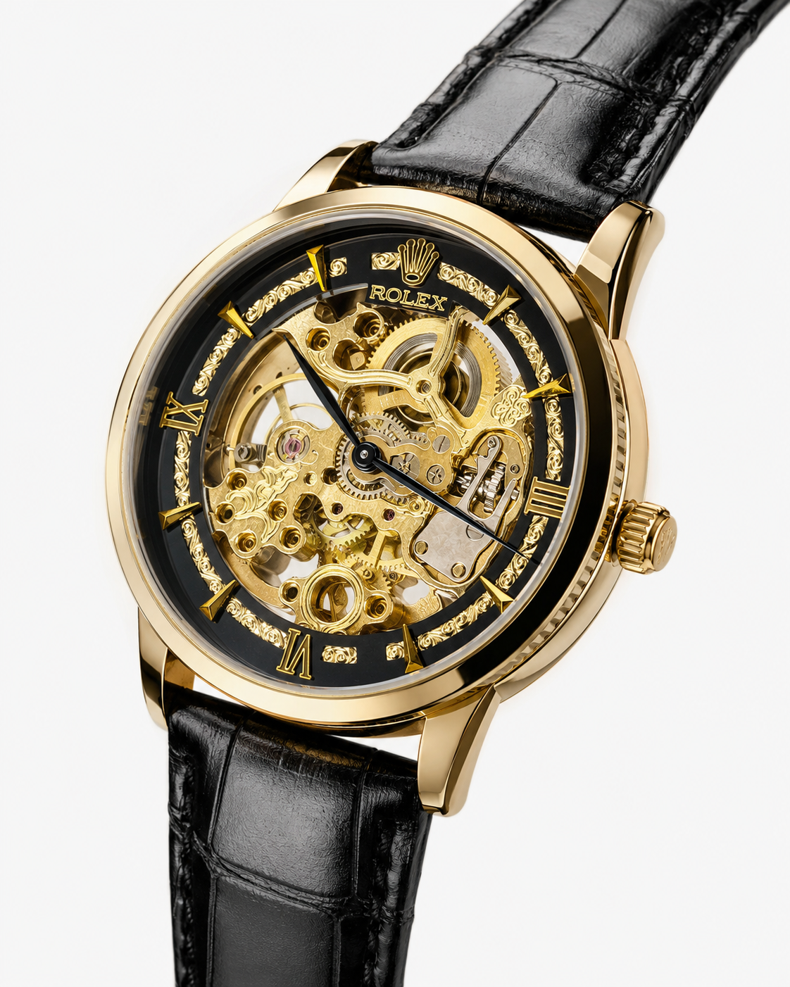 Leather Rol*x Black Gold  Black Automatic Skeleton Watch