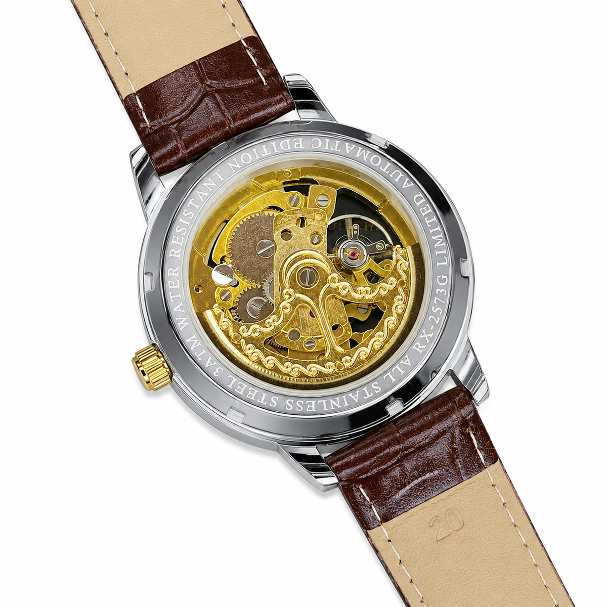Leather Rol*x Brown Gold Automatic Skeleton Watch