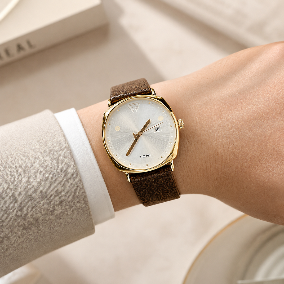 Tomi Brown White Sleek Dial Watch
