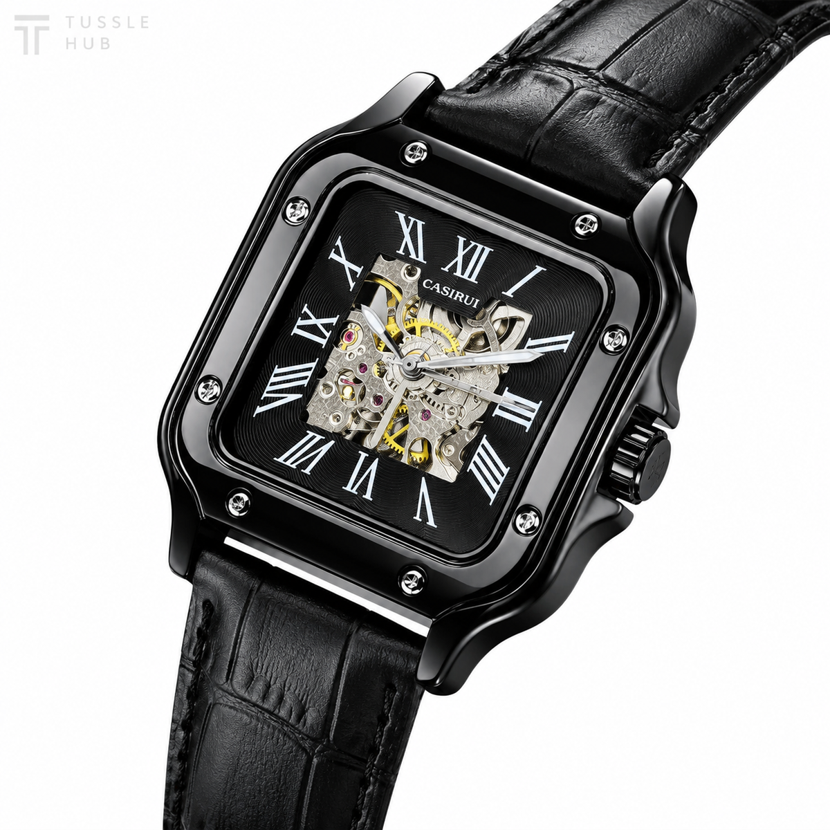 All Black Tank Automatic Skeleton Watch