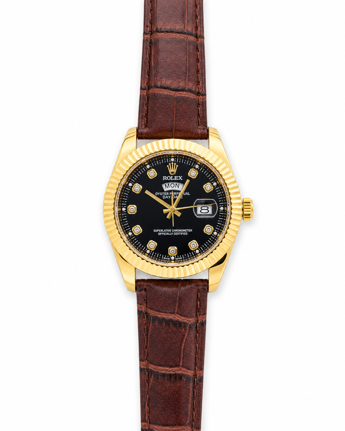 Brown Gold Black Day Date Leather Rolex Watch