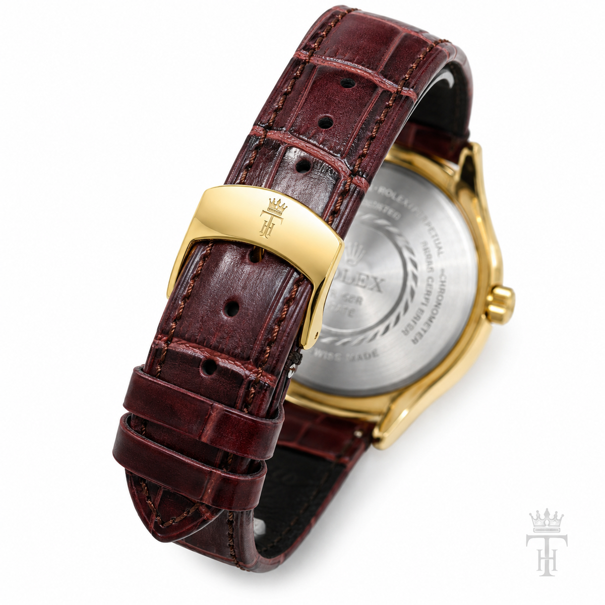 Brown Gold White Round Leather Rolex Watch
