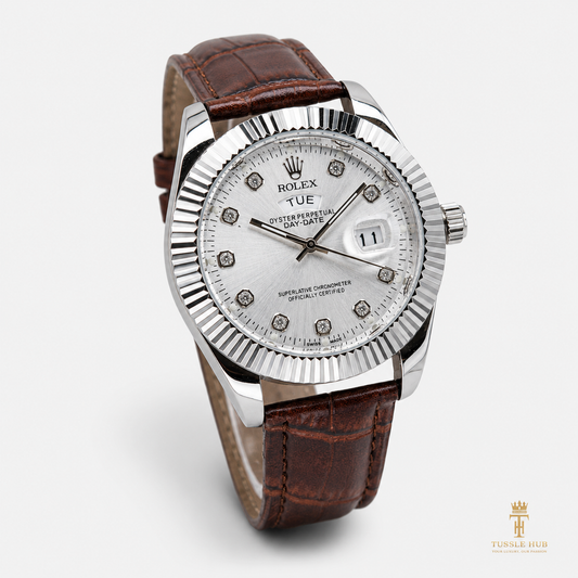 Brown Silver White Day Date Leather Rolex Watch