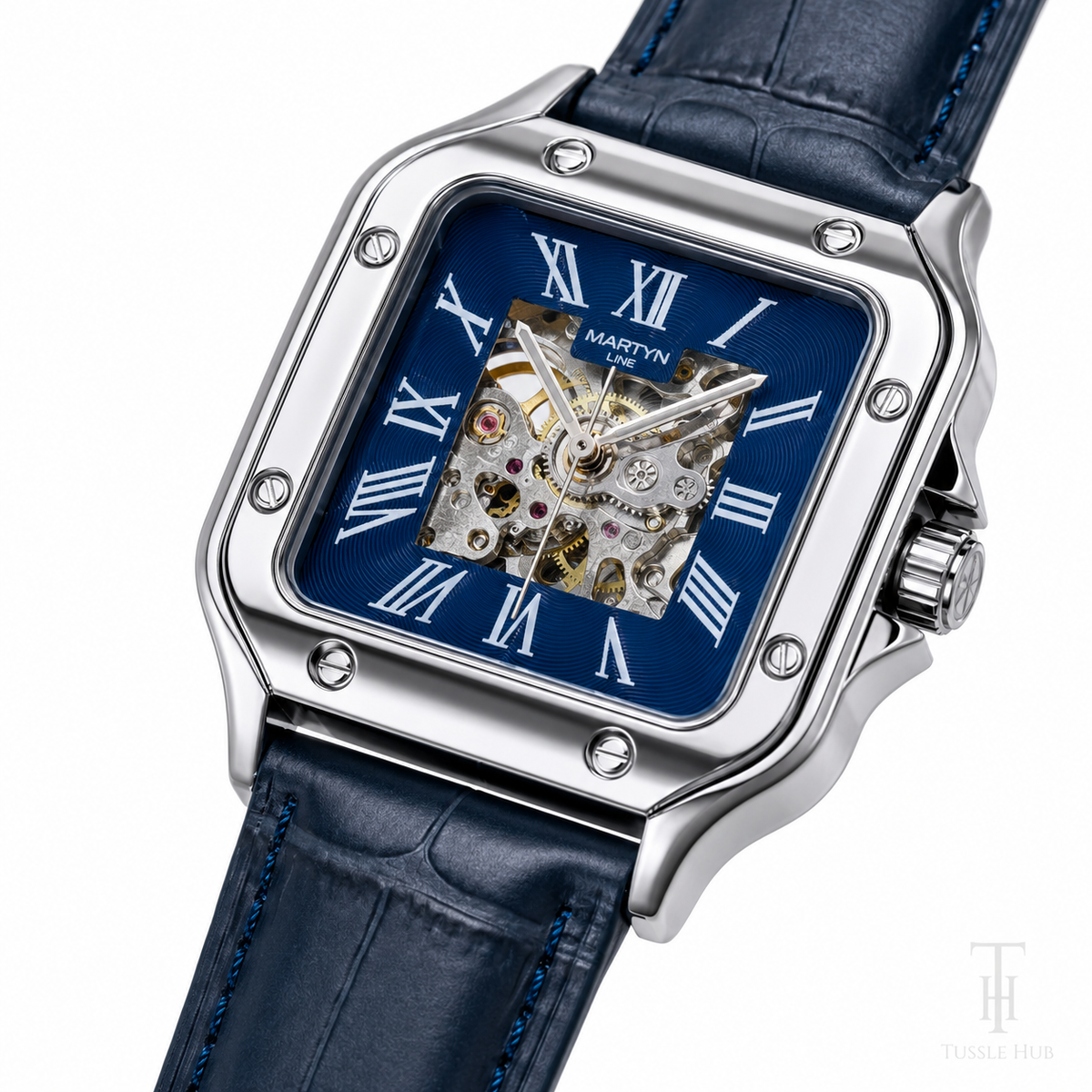 Blue Silver Tank Automatic Skeleton Watch