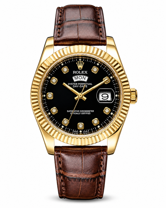 Brown Gold Black Day Date Leather Rolex Watch