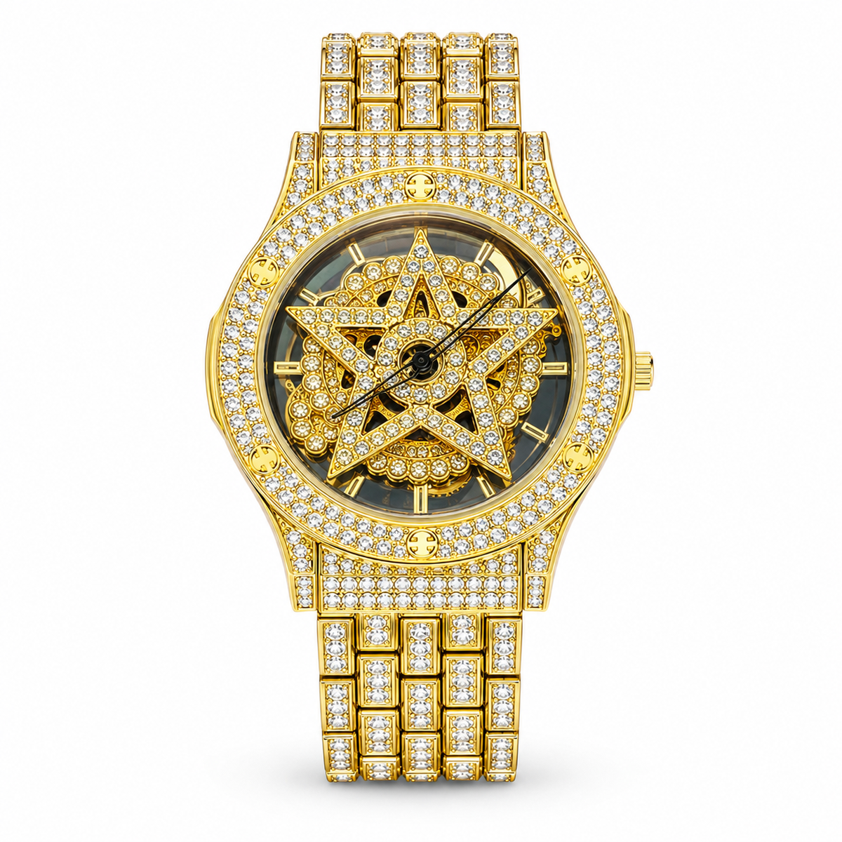 Gold Iced Out Spinner Star Dial Watch