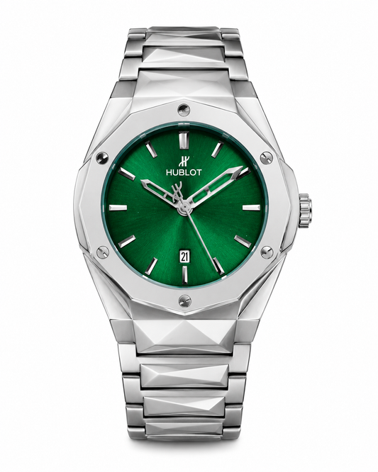 Silver Prism Chain Strapped Emerald Hublot Watch