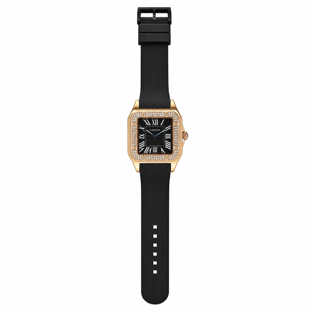 Rosegold Black Iced Tank Silicon Cartier Watch