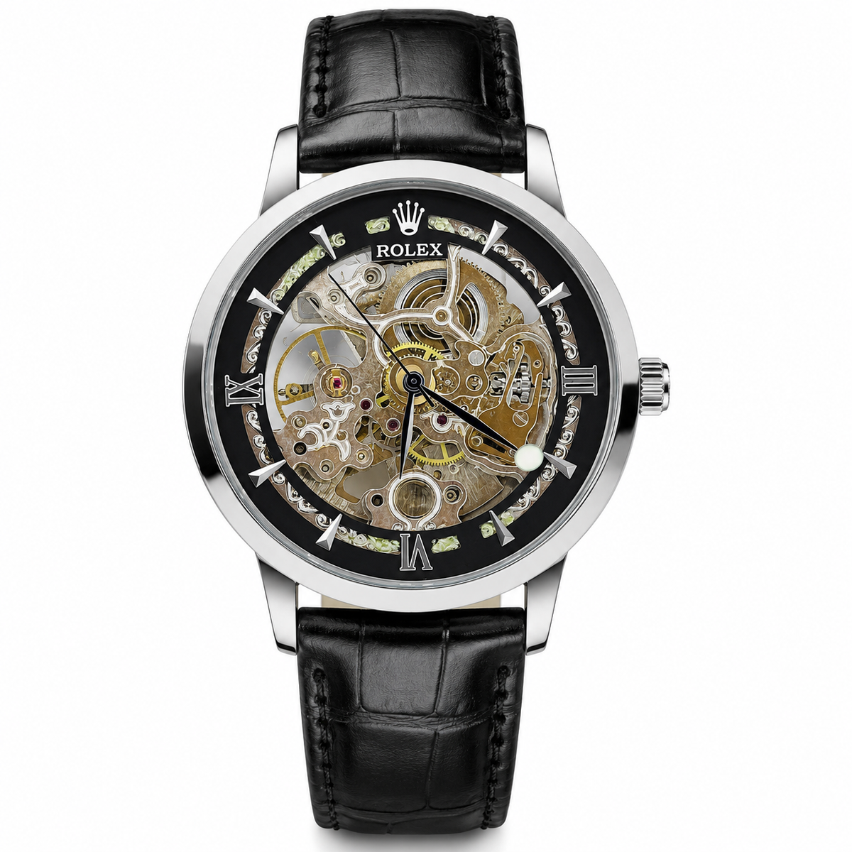 Leather Rol*x Black Silver Automatic Skeleton Watch