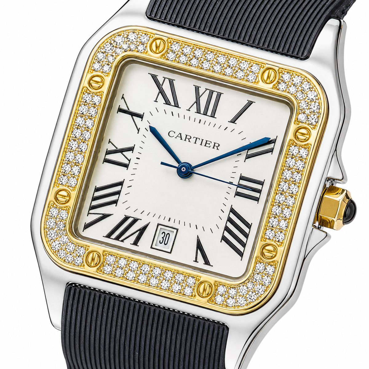 Two Tone White Iced Tank Silicon Cartier Watch