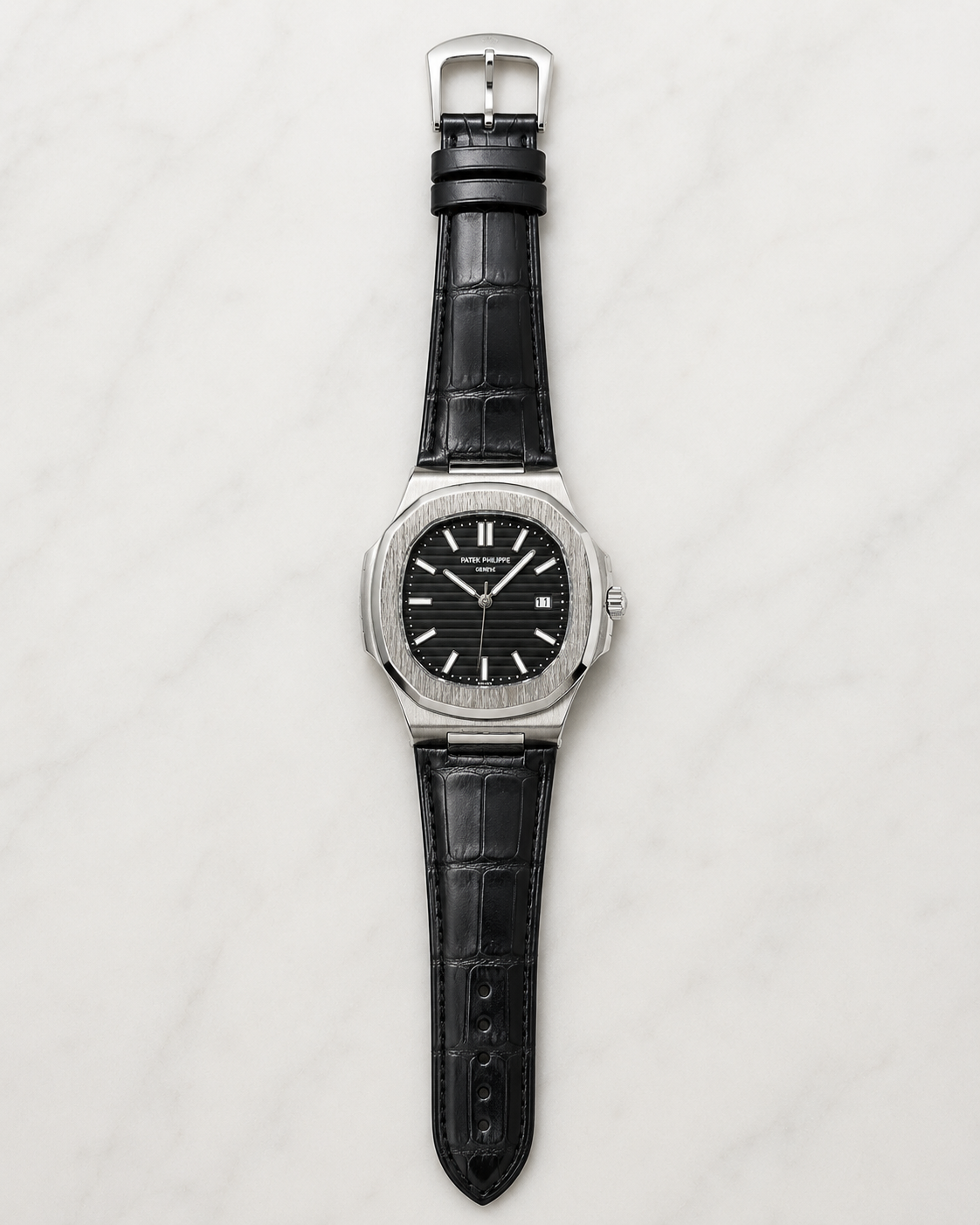 Black Leather Silver Black Dial Nautilus Watch