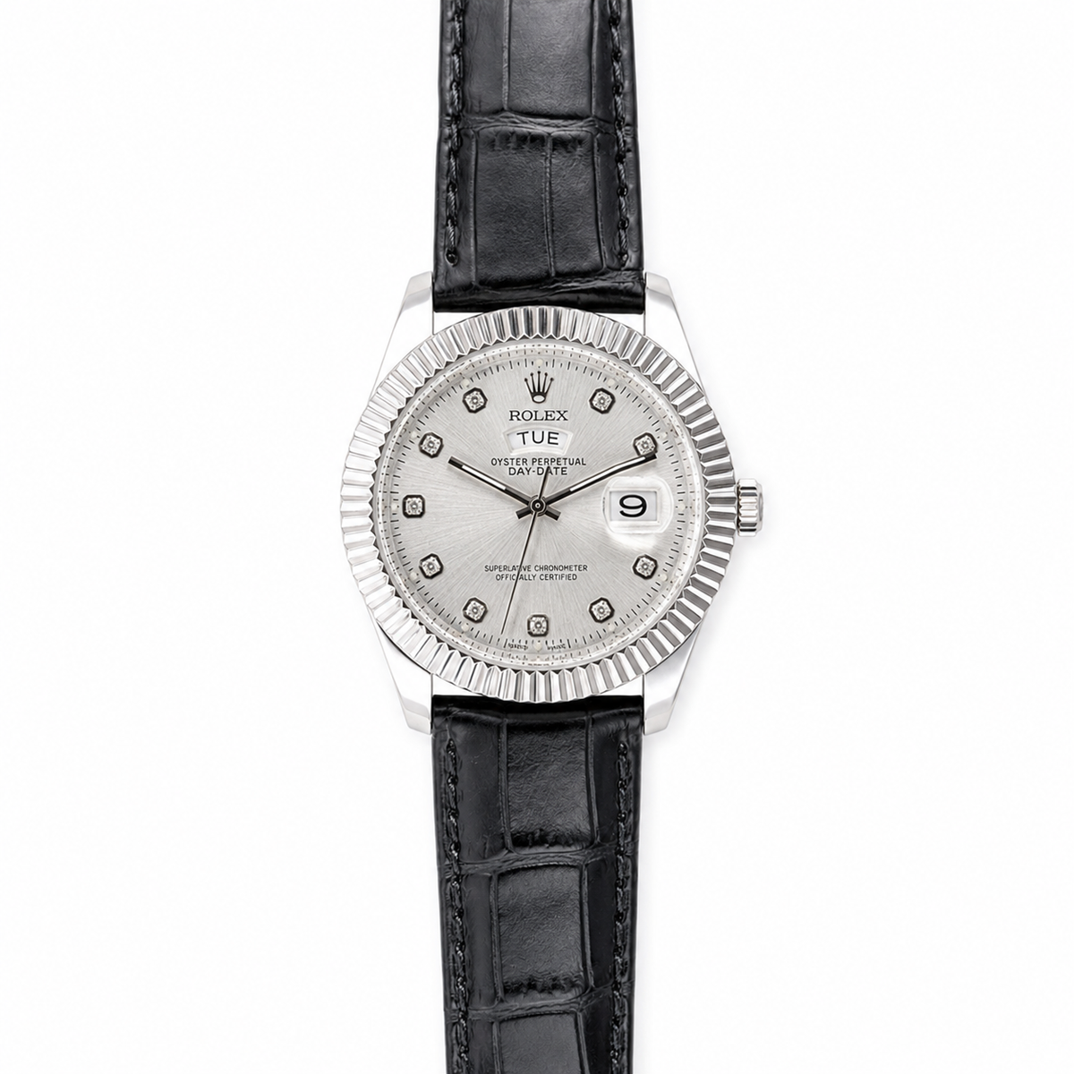 Black Silver White Day Date Leather Rolex Watch