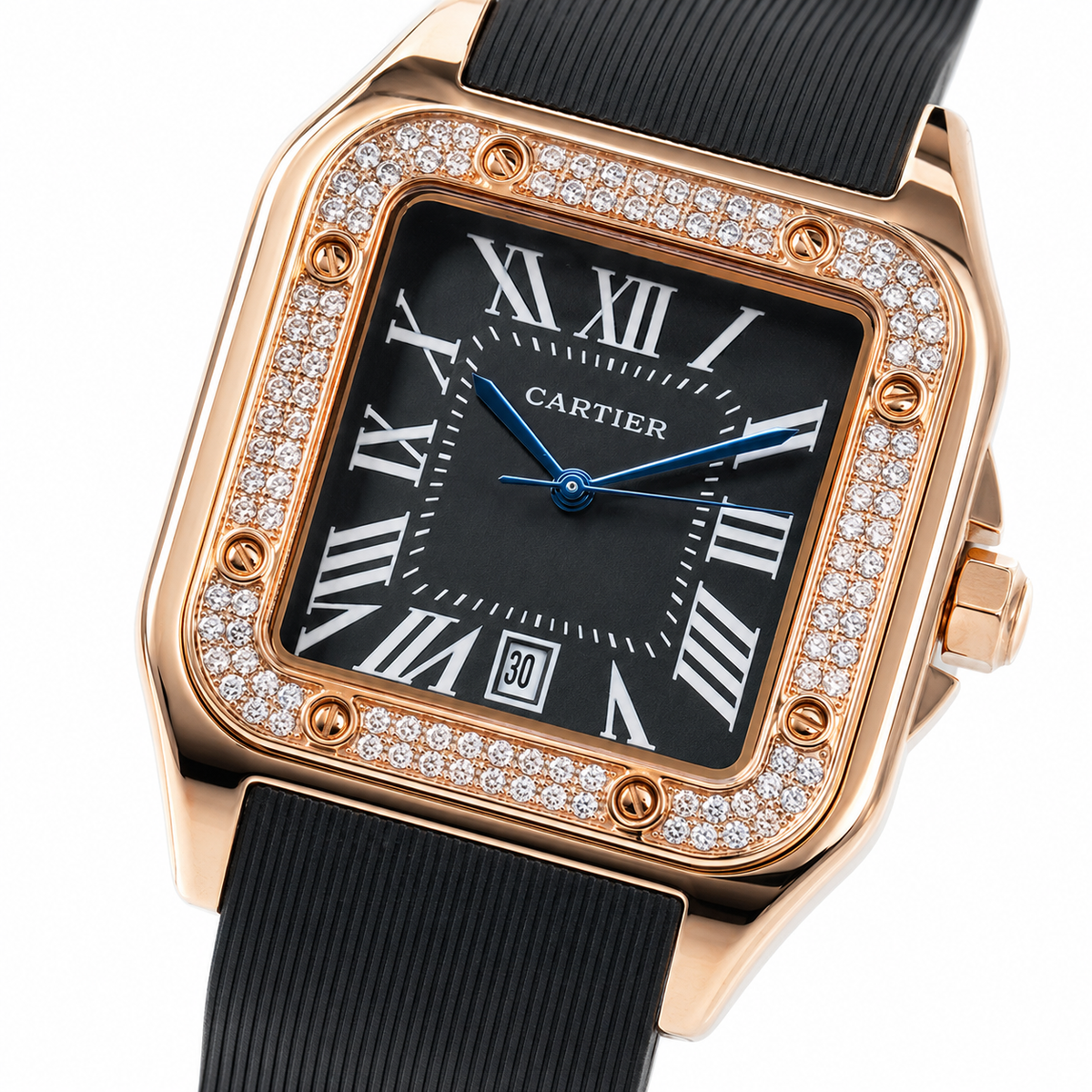 Rosegold Black Iced Tank Silicon Cartier Watch
