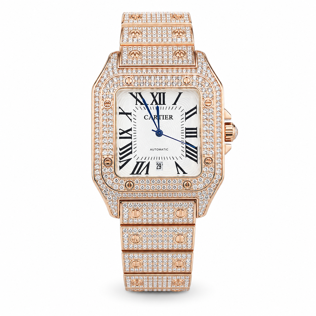 Square Iced Out Branded Rose gold White Dial Watch