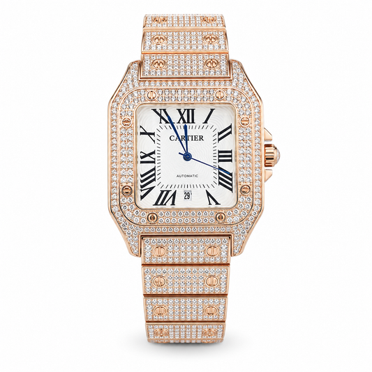 Square Iced Out Branded Rose gold White Dial Watch