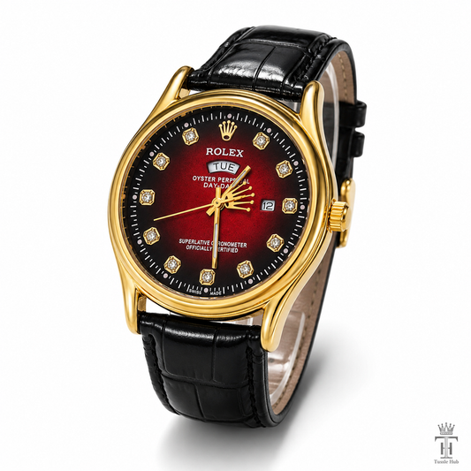 Black Gold Red Round Leather Rolex Watch
