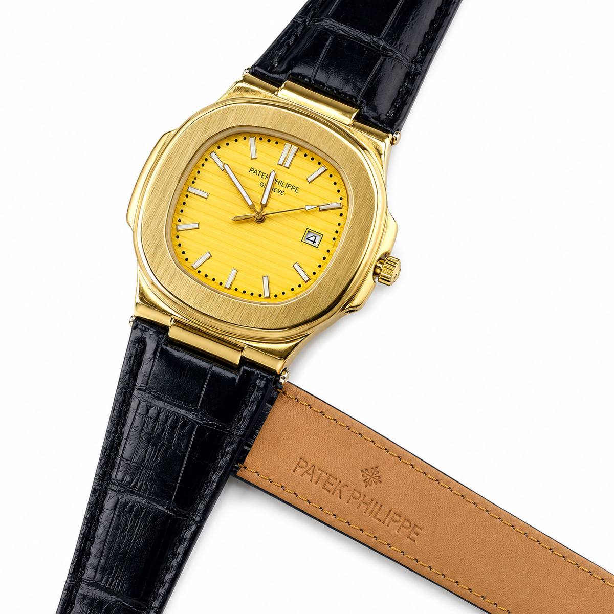 PP Black Leather Strapped Gold Nautilus Watch