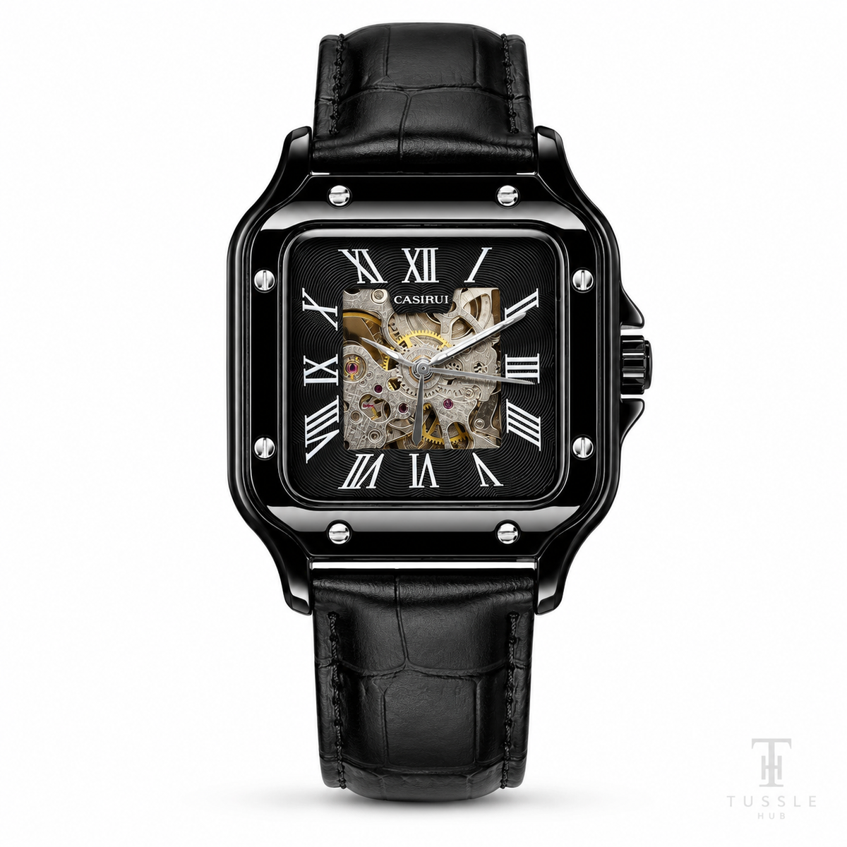 All Black Tank Automatic Skeleton Watch