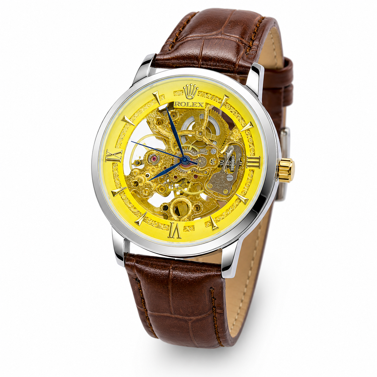 Leather Rol*x Brown Gold Automatic Skeleton Watch