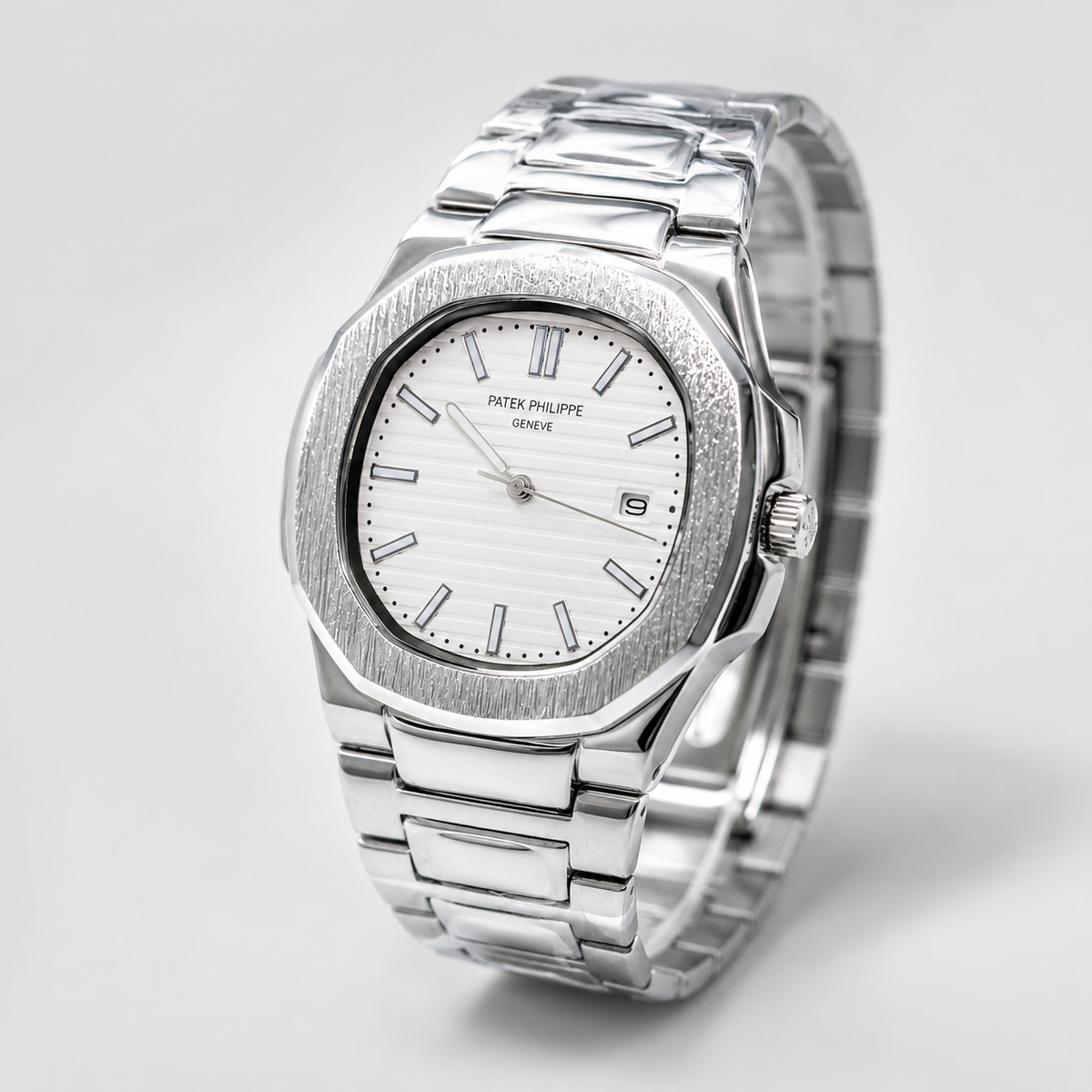 Silver Nautilus White Dial Watch