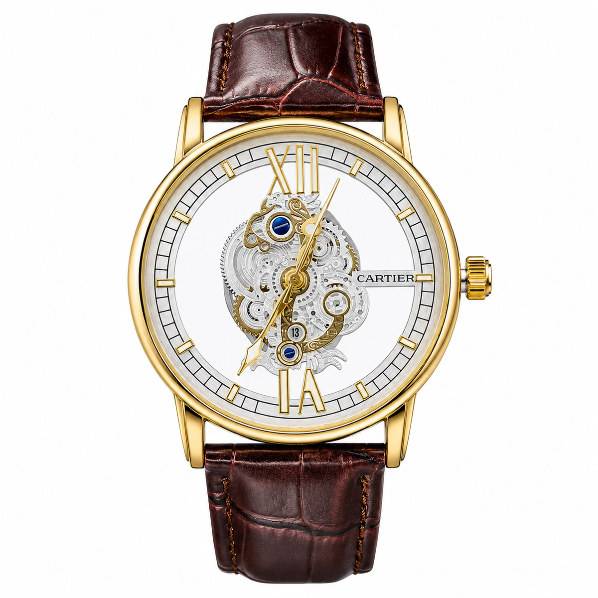 Brown Gold Skeleton Leather Cartier Watch