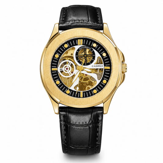Casirui Black Gold Automatic Skeleton Leather watch