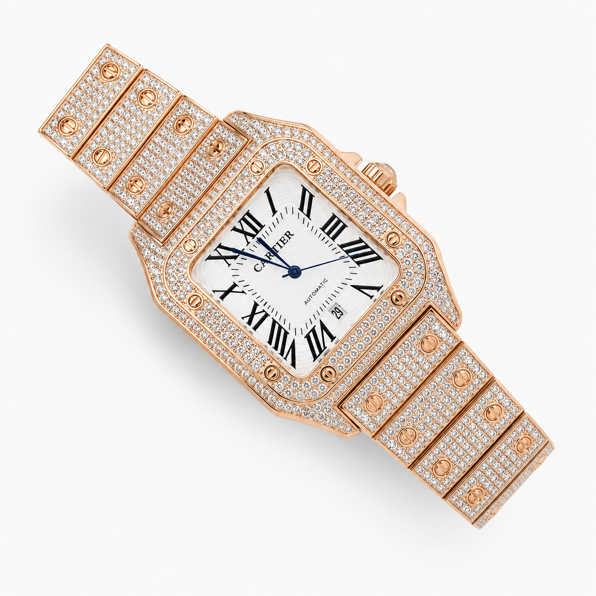 Square Iced Out Branded Rose gold White Dial Watch