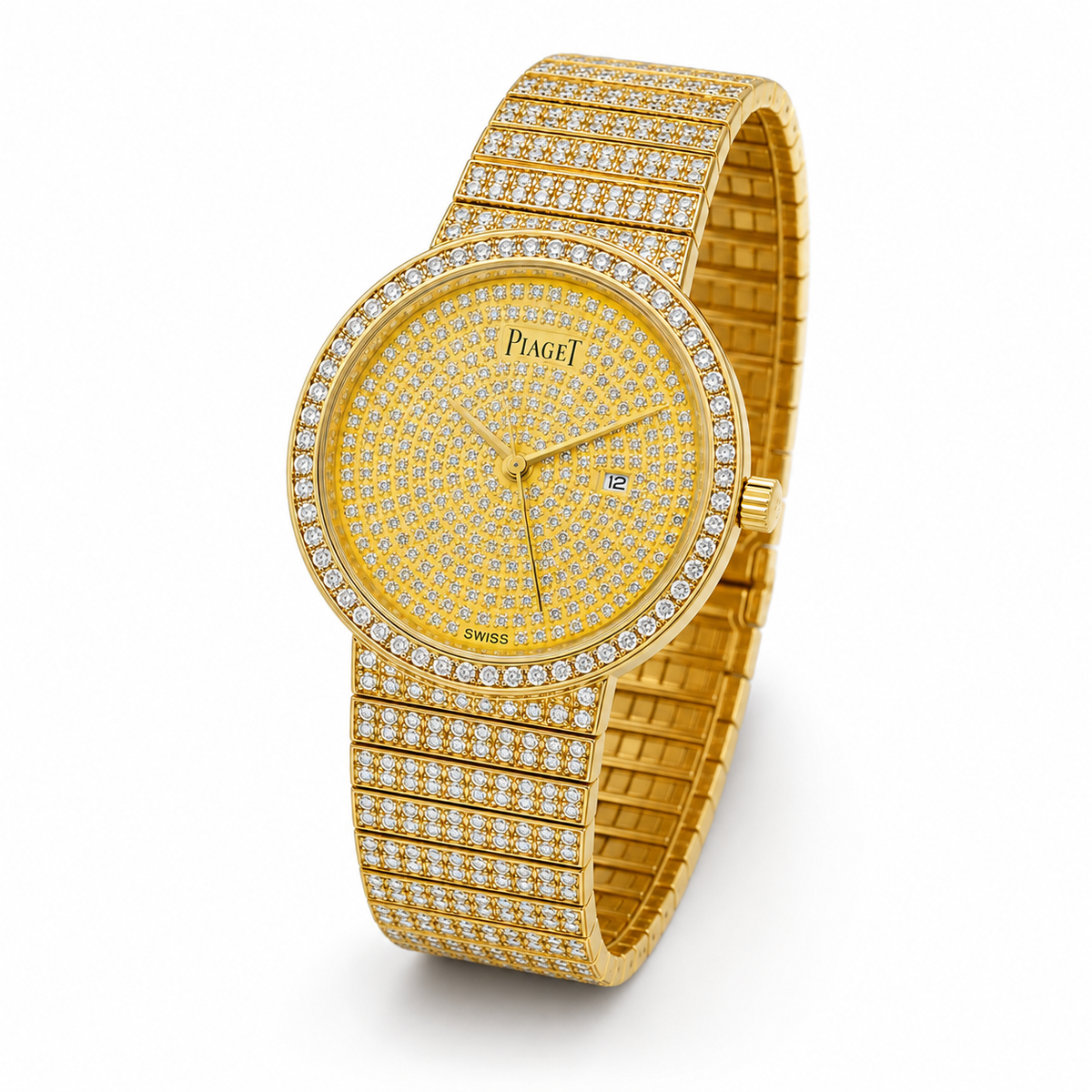 Gold Round Iced Out Piaget Watch