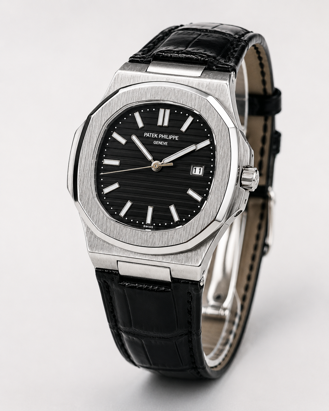 Black Leather Silver Black Dial Nautilus Watch