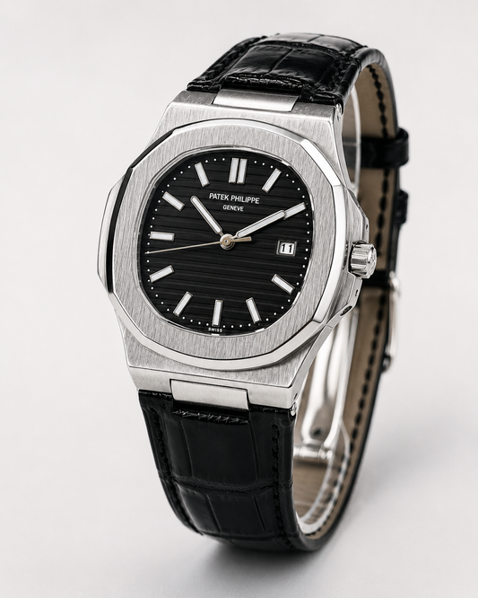 Black Leather Silver Black Dial Nautilus Watch