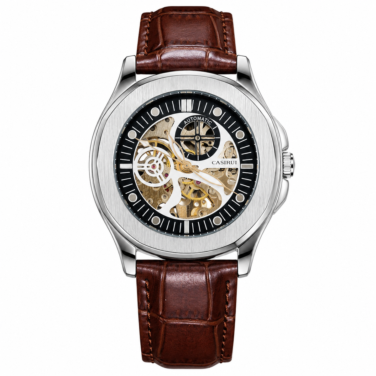 Casirui Brown Silver Automatic Skeleton Leather watch