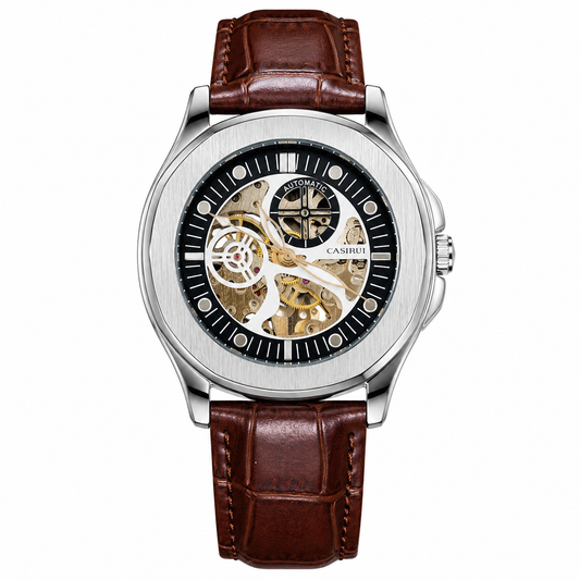 Casirui Brown Silver Automatic Skeleton Leather watch