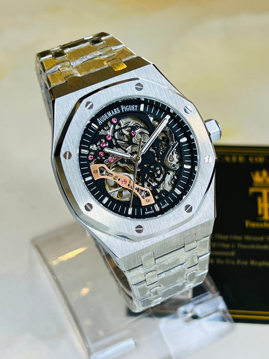 AP Silver Black Automatic Skeleton Dial Super Clone Watch