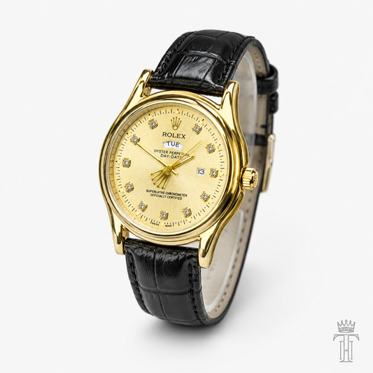 Black Gold Dial Round Leather Rolex Watch