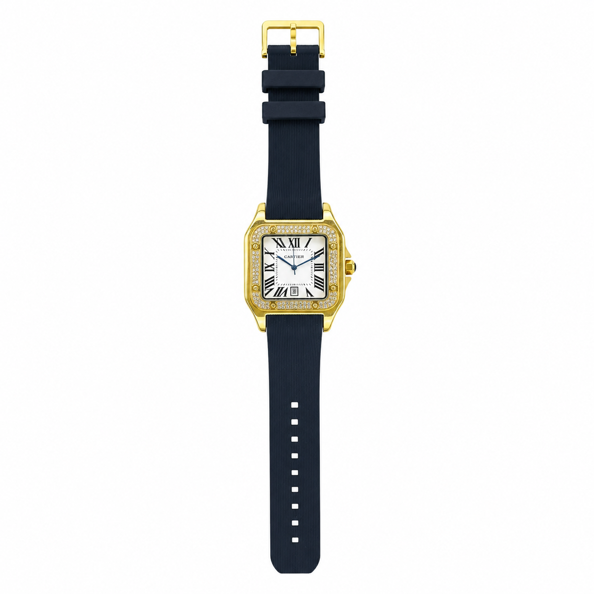 Gold White Iced Tank Silicon Cartier Watch