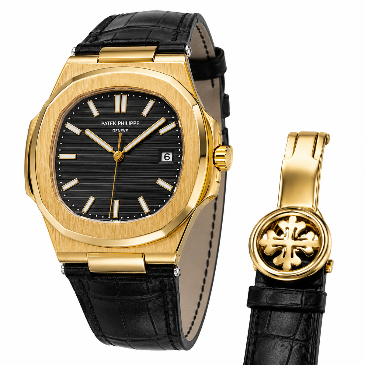 Black Leather Gold Black Dial Nautilus Watch