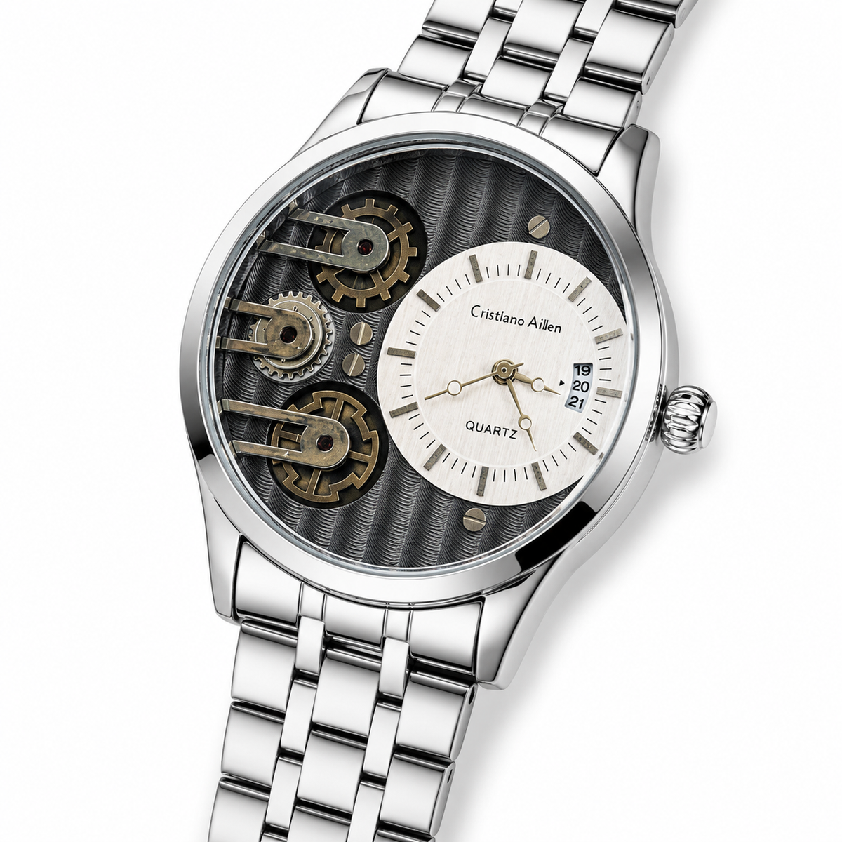 Silver Cristiano Aillen Black White Dial Dual Gear Watch