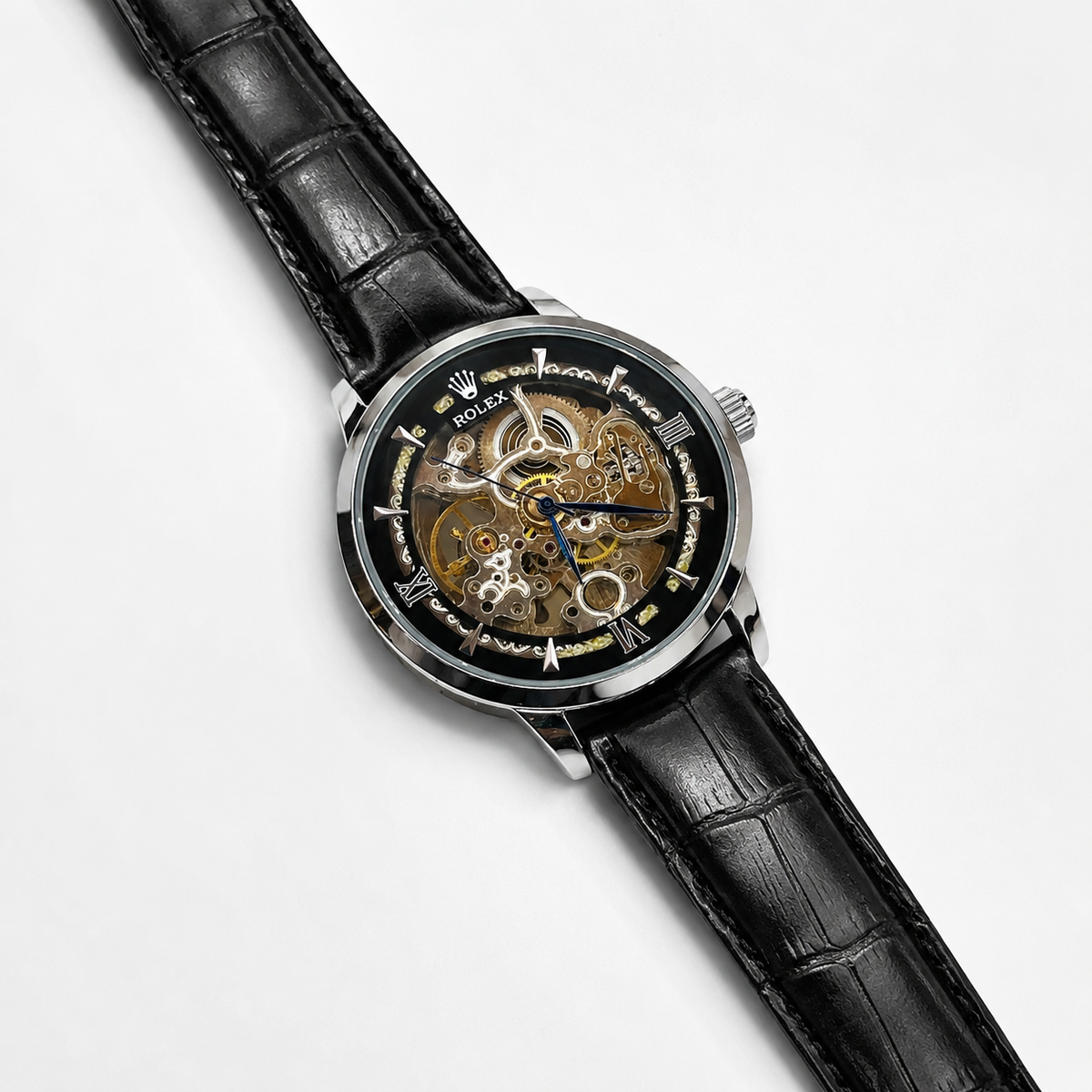 Leather Rol*x Black Silver Automatic Skeleton Watch