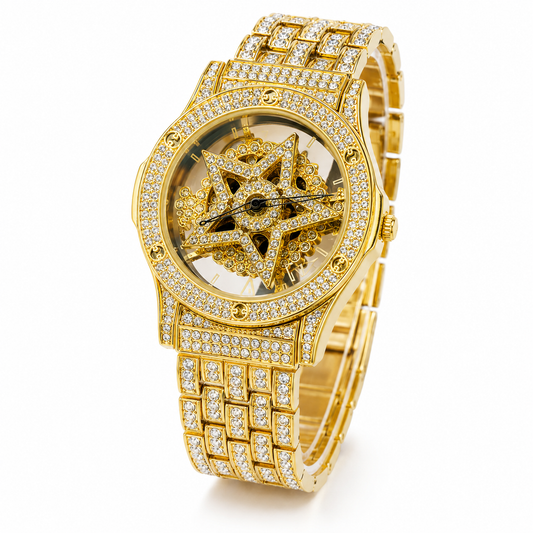 Gold Iced Out Spinner Star Dial Watch